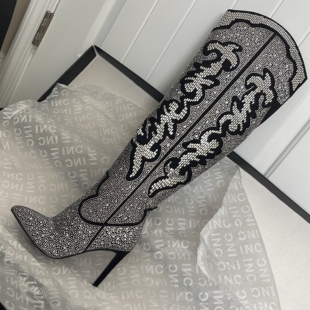 INC Black Silver Rhinestone Embellished Knee-High Cowboy Stiletto Boots, Sz 5.5